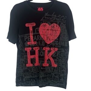 Giordano I Love HK Hong Kong Black Red 100% Cotton Slim Graphic T-Shirt Size M